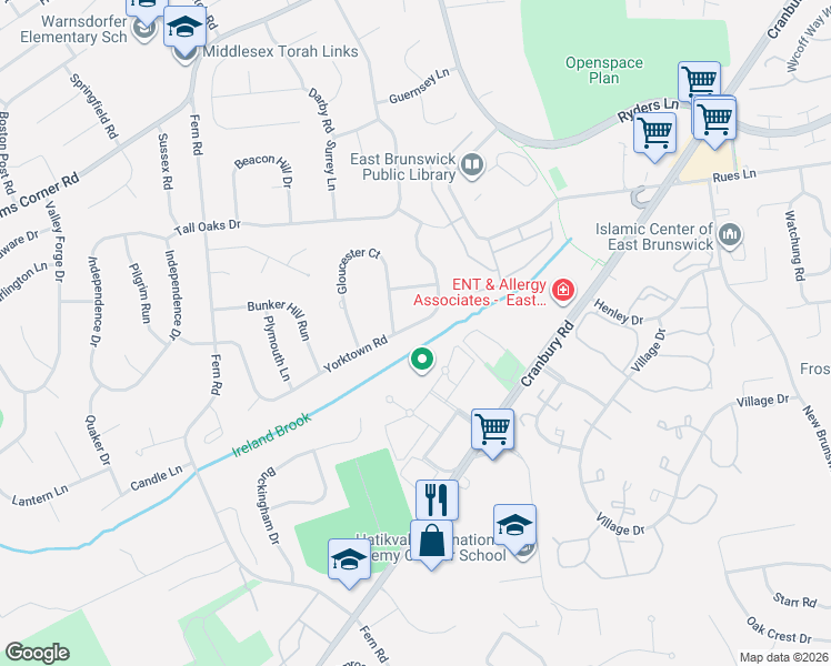 map of restaurants, bars, coffee shops, grocery stores, and more near 52 Yorktown Road in East Brunswick