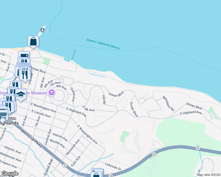 map of restaurants, bars, coffee shops, grocery stores, and more near 154 Ocean Blvd in Atlantic Highlands