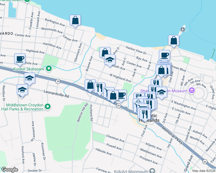 map of restaurants, bars, coffee shops, grocery stores, and more near 32 Leonard Avenue in Atlantic Highlands