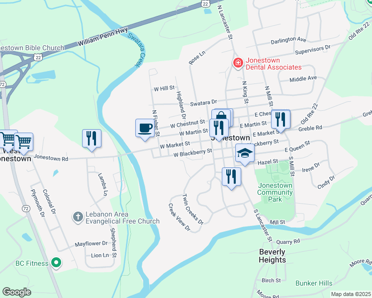 map of restaurants, bars, coffee shops, grocery stores, and more near 150 West Market Street in Jonestown