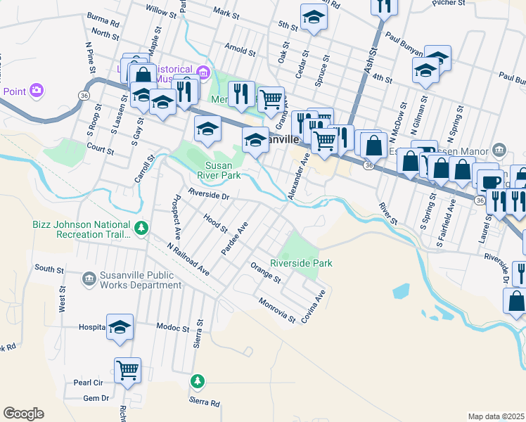 map of restaurants, bars, coffee shops, grocery stores, and more near 309 Pardee Avenue in Susanville