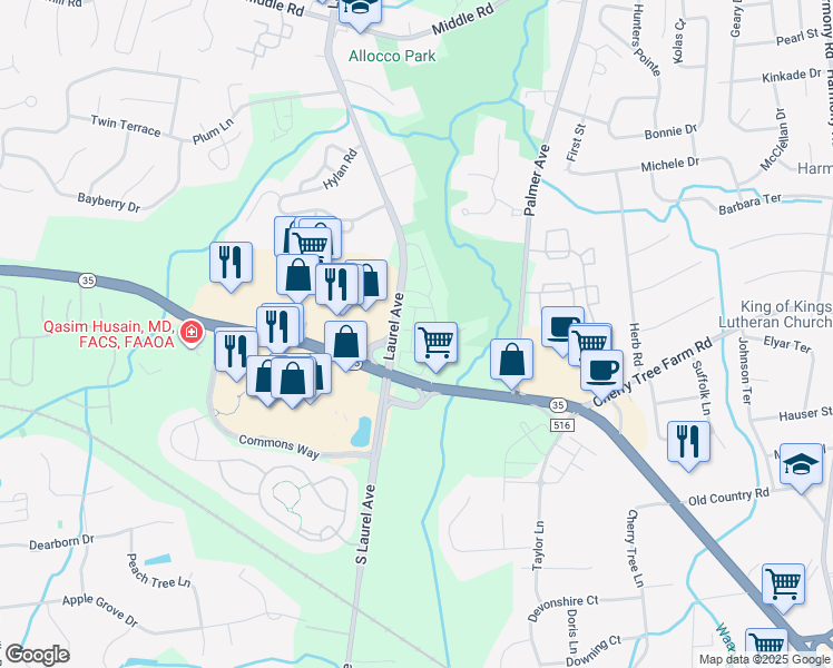 map of restaurants, bars, coffee shops, grocery stores, and more near 80 Nutmeg Lane in Holmdel