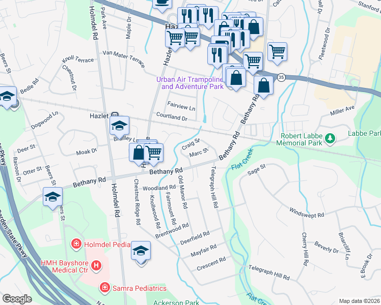 map of restaurants, bars, coffee shops, grocery stores, and more near 12 Marc Street in Hazlet