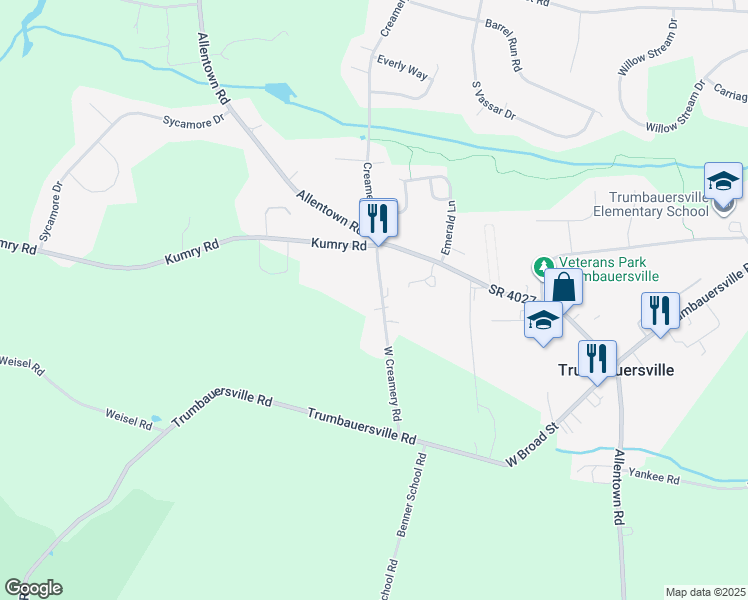 map of restaurants, bars, coffee shops, grocery stores, and more near 41 Creamery Road in Quakertown