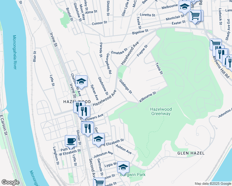 map of restaurants, bars, coffee shops, grocery stores, and more near 248 Hazelwood Ave in Pittsburgh