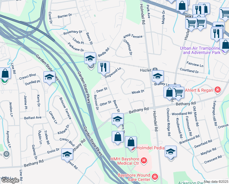 map of restaurants, bars, coffee shops, grocery stores, and more near 3 Hill Street in Hazlet