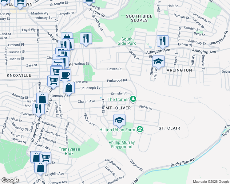 map of restaurants, bars, coffee shops, grocery stores, and more near 437 Ormsby Street in Pittsburgh