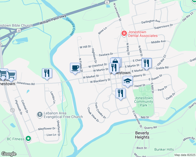 map of restaurants, bars, coffee shops, grocery stores, and more near 150 West Market Street in Jonestown