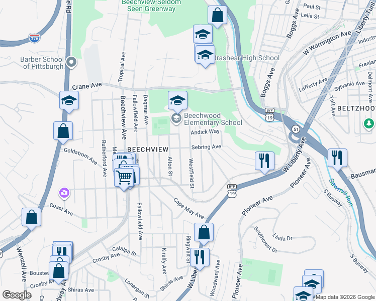 map of restaurants, bars, coffee shops, grocery stores, and more near 1403 Westfield Street in Pittsburgh