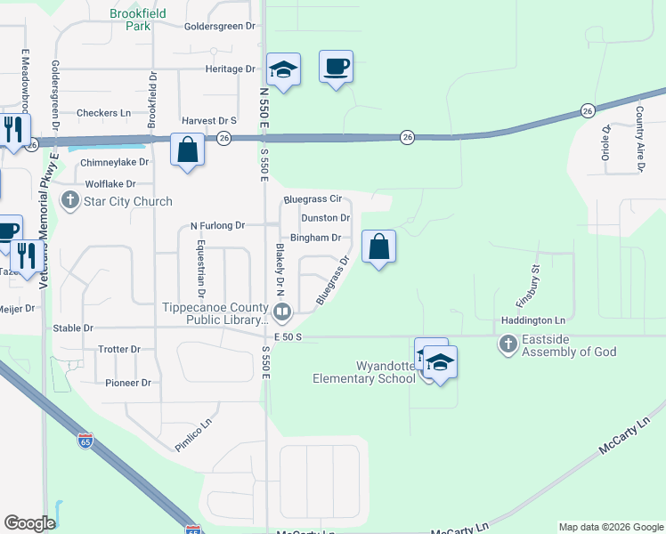 map of restaurants, bars, coffee shops, grocery stores, and more near 338 Bluegrass Dr in Lafayette