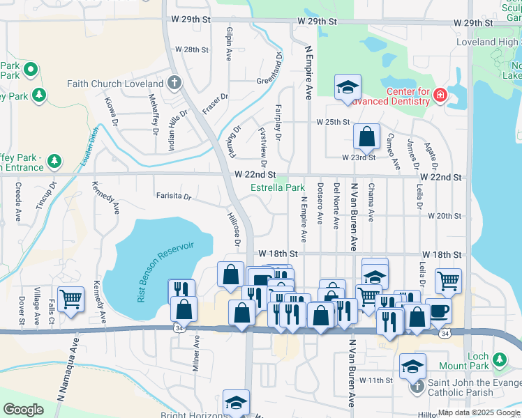 map of restaurants, bars, coffee shops, grocery stores, and more near 2320 Farisita Drive in Loveland