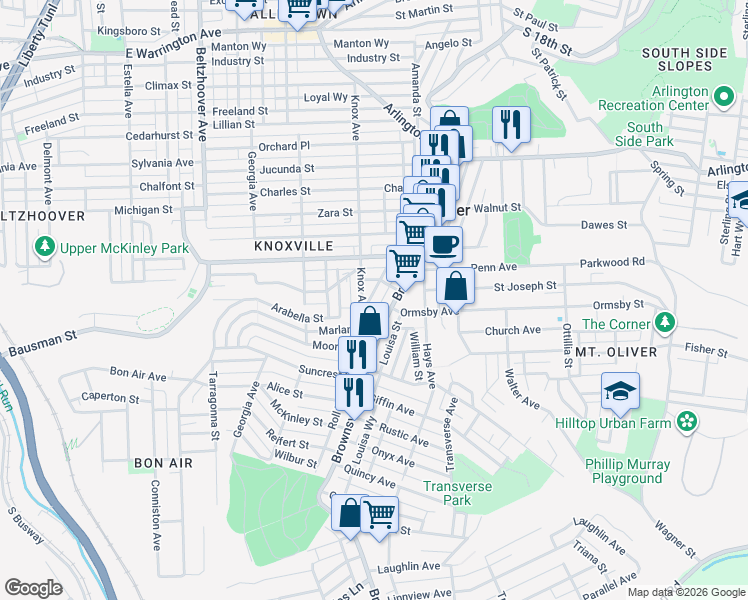 map of restaurants, bars, coffee shops, grocery stores, and more near 167 Knox Avenue in Pittsburgh