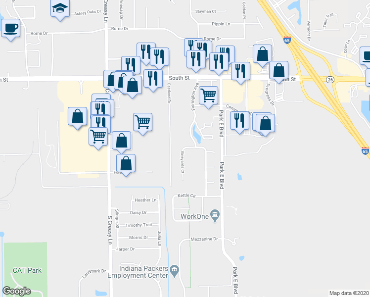 map of restaurants, bars, coffee shops, grocery stores, and more near 403 Vineyards Court in Lafayette