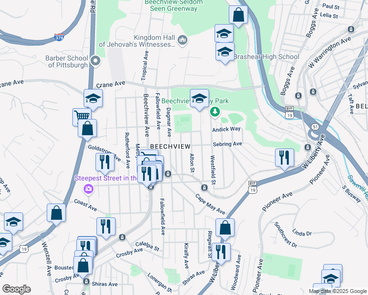 map of restaurants, bars, coffee shops, grocery stores, and more near 1401 Kenberma Avenue in Pittsburgh