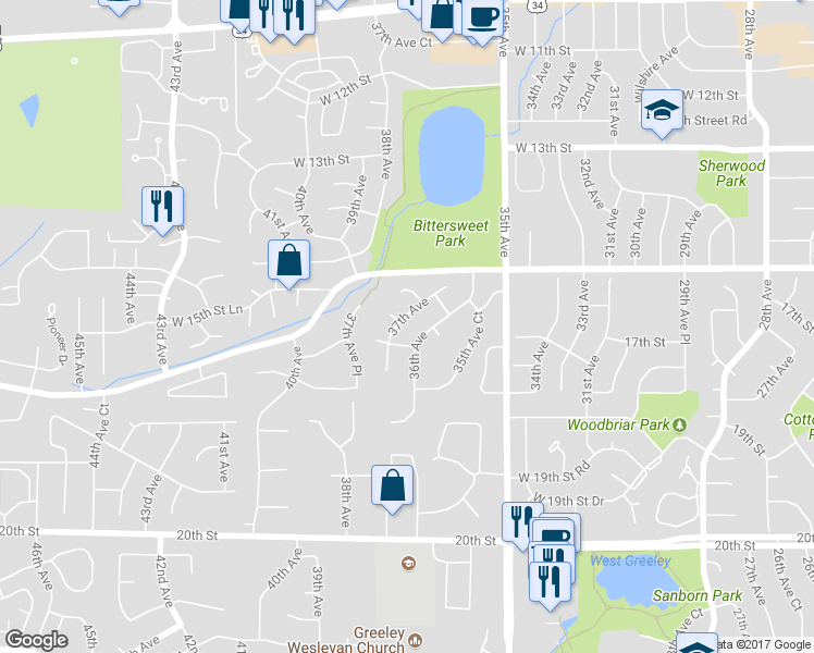 map of restaurants, bars, coffee shops, grocery stores, and more near 1636 37th Avenue in Greeley