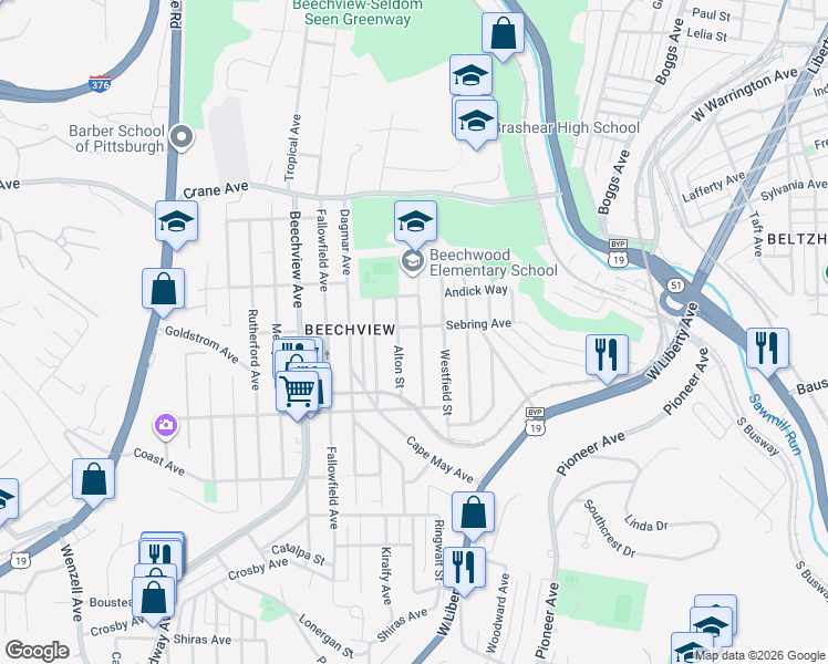 map of restaurants, bars, coffee shops, grocery stores, and more near 1400 Rockland Ave in Pittsburgh