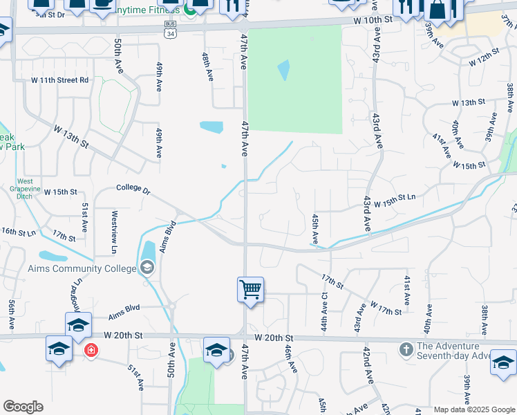 map of restaurants, bars, coffee shops, grocery stores, and more near 4558 Pioneer Lane in Greeley