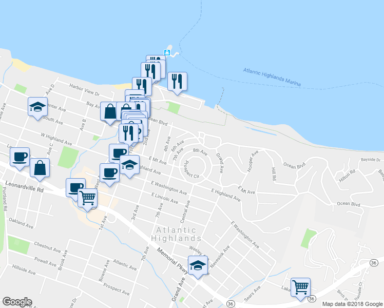 map of restaurants, bars, coffee shops, grocery stores, and more near 10 8th Avenue in Atlantic Highlands
