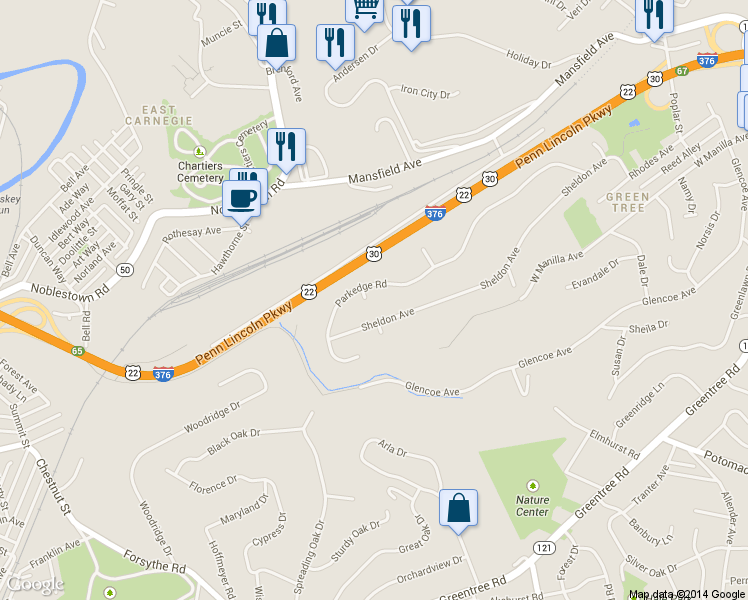 map of restaurants, bars, coffee shops, grocery stores, and more near 105 Bergen Place in Pittsburgh