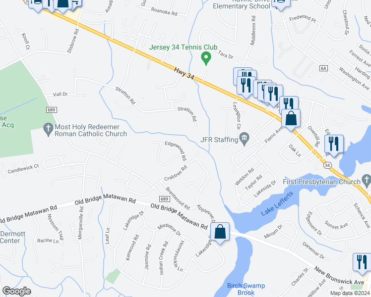 map of restaurants, bars, coffee shops, grocery stores, and more near 9 Edgewood Road in Matawan