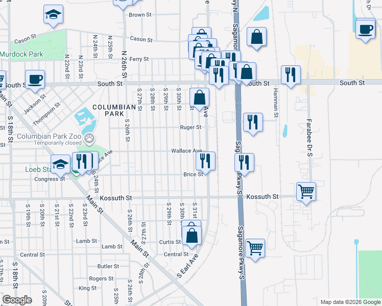 map of restaurants, bars, coffee shops, grocery stores, and more near 500 South 31st Street in Lafayette