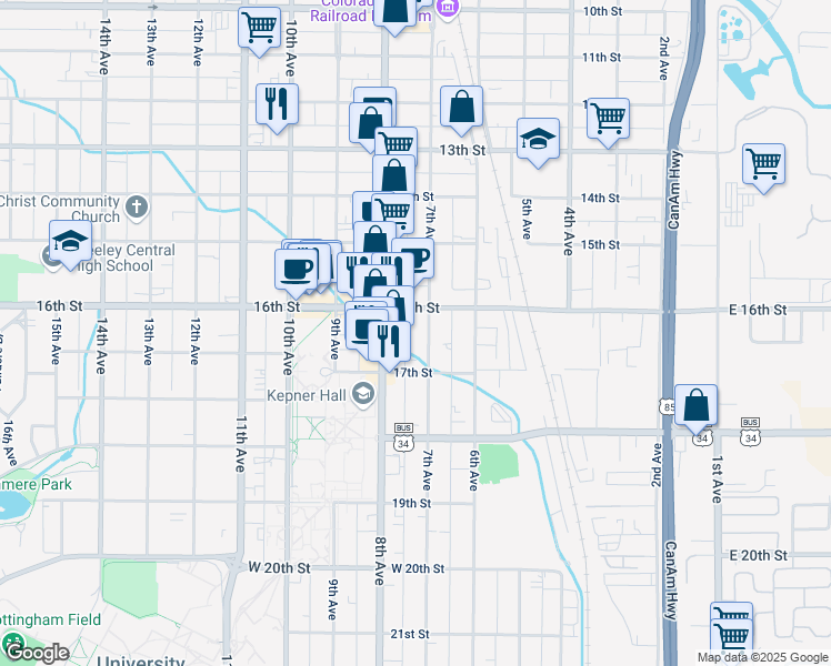 map of restaurants, bars, coffee shops, grocery stores, and more near 1619 7th Avenue in Greeley