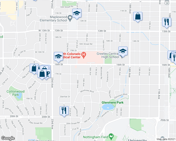 map of restaurants, bars, coffee shops, grocery stores, and more near 1675 18th Avenue in Greeley