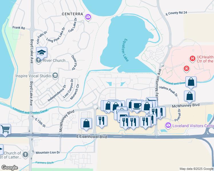 map of restaurants, bars, coffee shops, grocery stores, and more near 4715 Hahns Peak Drive in Loveland