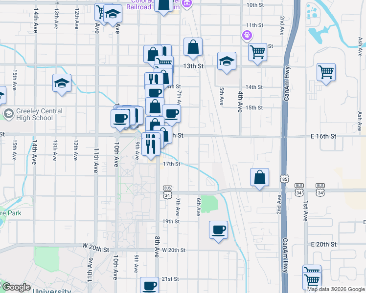 map of restaurants, bars, coffee shops, grocery stores, and more near 1619 7th Avenue in Greeley