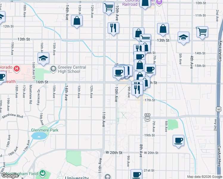map of restaurants, bars, coffee shops, grocery stores, and more near 1617- 5 10th Avenue in Greeley