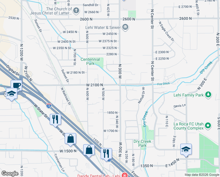 map of restaurants, bars, coffee shops, grocery stores, and more near 2090 North 500 West in Lehi