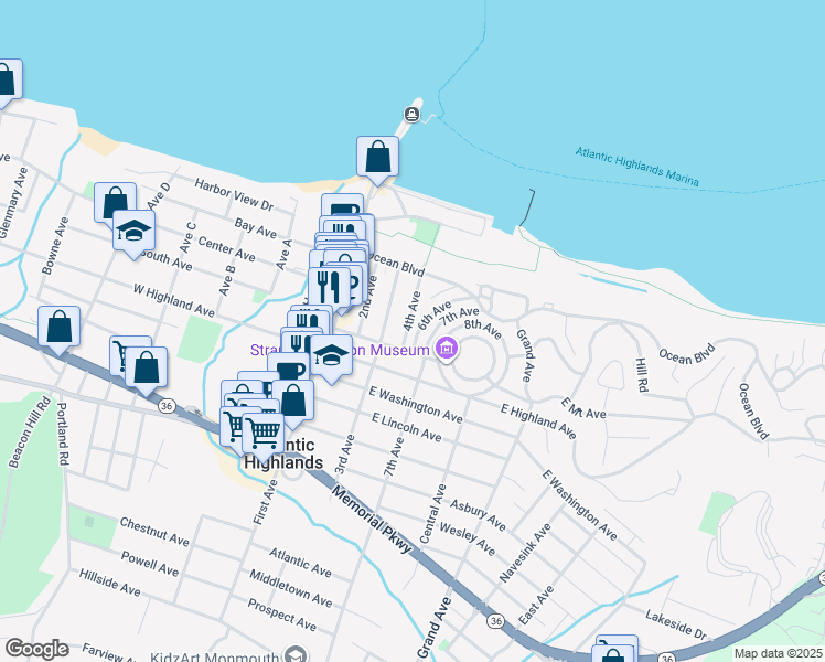map of restaurants, bars, coffee shops, grocery stores, and more near 45 4th Avenue in Atlantic Highlands