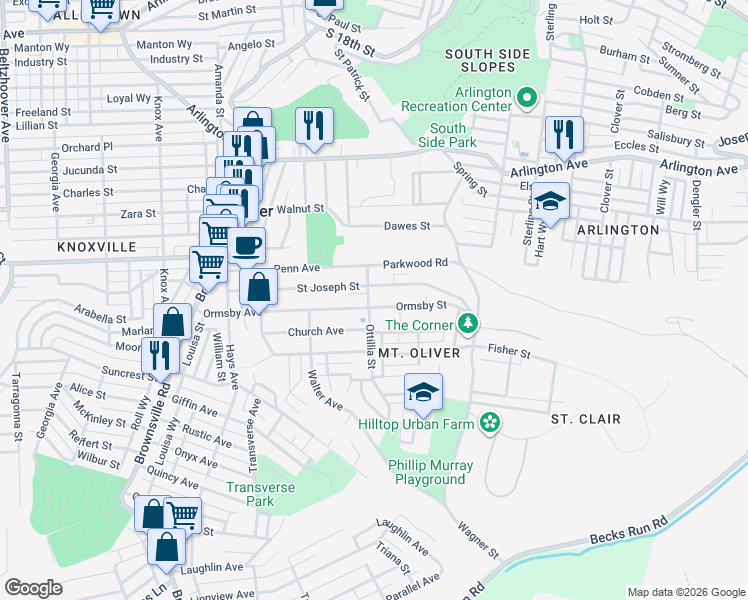 map of restaurants, bars, coffee shops, grocery stores, and more near 403 Ormsby Avenue in Pittsburgh
