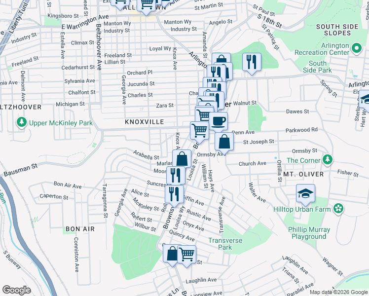 map of restaurants, bars, coffee shops, grocery stores, and more near 167 Knox Avenue in Pittsburgh