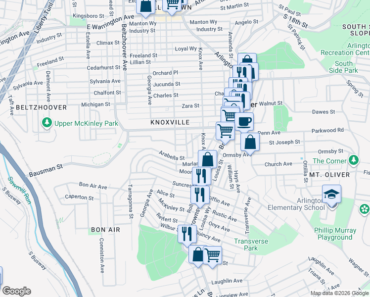 map of restaurants, bars, coffee shops, grocery stores, and more near 222 Mathews Avenue in Pittsburgh