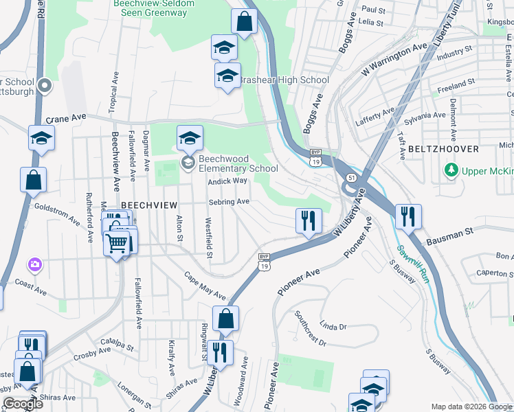 map of restaurants, bars, coffee shops, grocery stores, and more near 287 Sebring Avenue in Pittsburgh