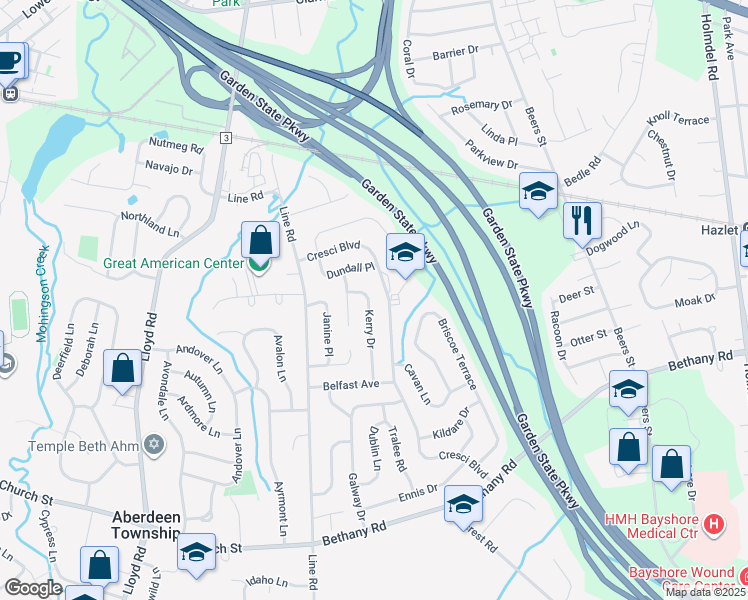 map of restaurants, bars, coffee shops, grocery stores, and more near 9 Kerry Dr in Hazlet