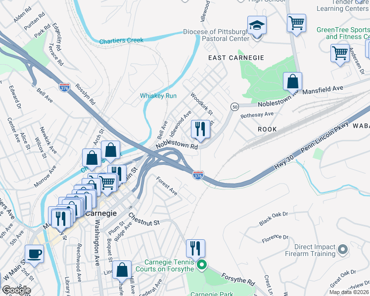 map of restaurants, bars, coffee shops, grocery stores, and more near 228 Noblestown Road in Carnegie
