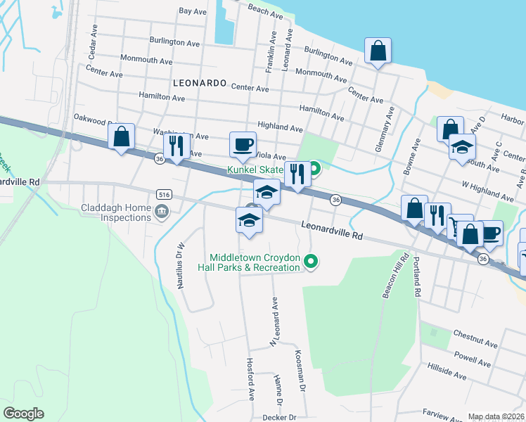 map of restaurants, bars, coffee shops, grocery stores, and more near 847 Leonardville Road in Middletown Township