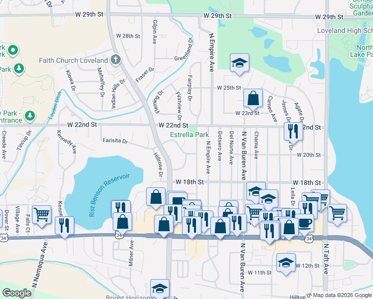 map of restaurants, bars, coffee shops, grocery stores, and more near 2313 Farisita Drive in Loveland