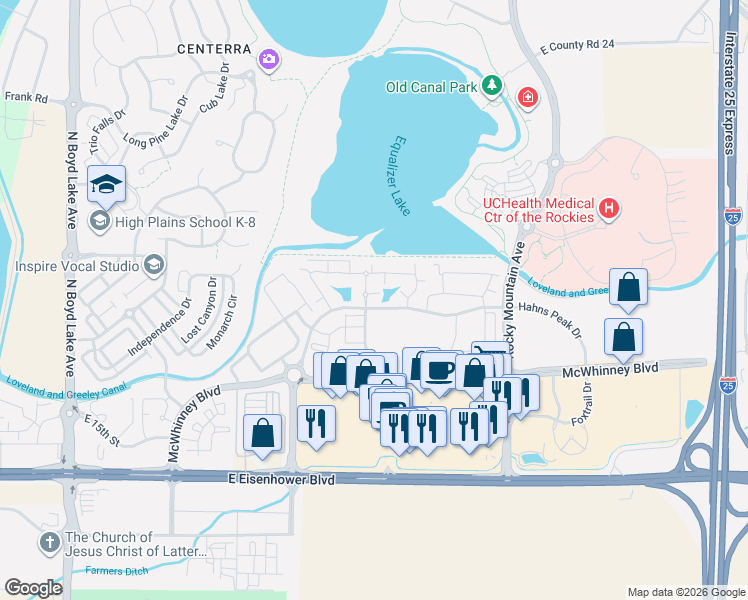 map of restaurants, bars, coffee shops, grocery stores, and more near 4805 Hahns Peak Drive in Loveland