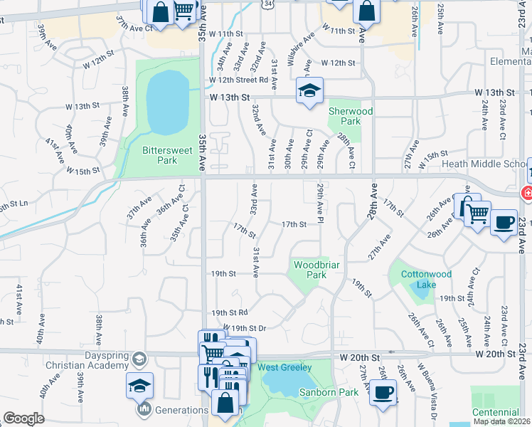 map of restaurants, bars, coffee shops, grocery stores, and more near 1643 31st Avenue in Greeley