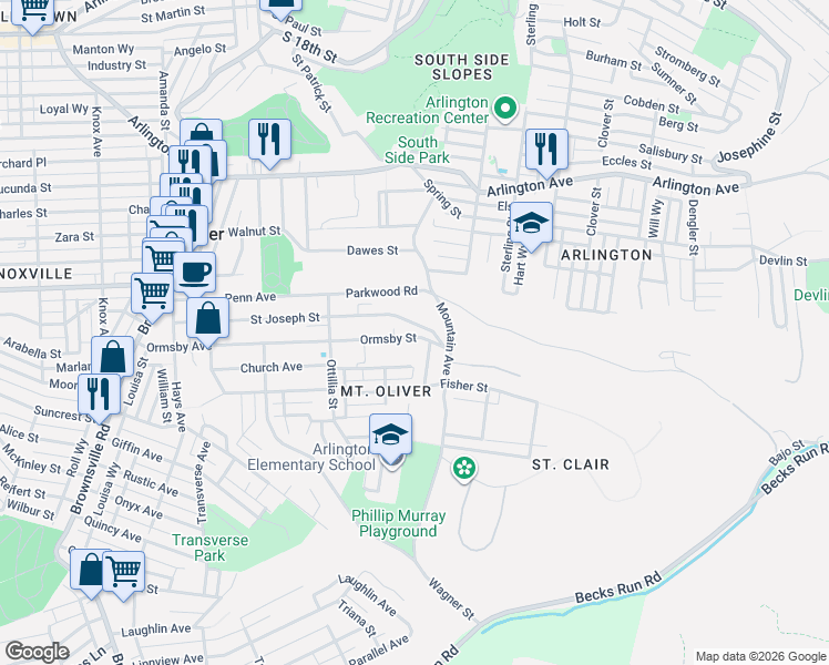 map of restaurants, bars, coffee shops, grocery stores, and more near 517 Ormsby Street in Pittsburgh