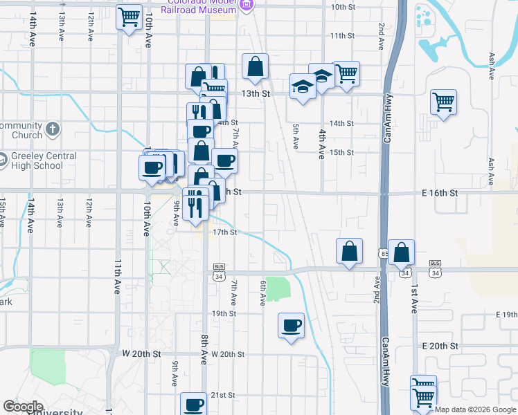 map of restaurants, bars, coffee shops, grocery stores, and more near 1617 6th Avenue in Greeley
