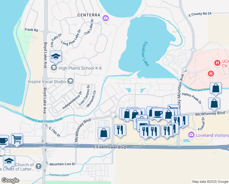 map of restaurants, bars, coffee shops, grocery stores, and more near 4615 Hahns Peak Drive in Loveland