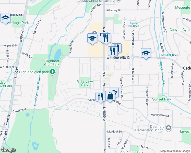 map of restaurants, bars, coffee shops, grocery stores, and more near West Gallatin Way in Highland
