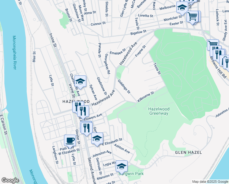 map of restaurants, bars, coffee shops, grocery stores, and more near 250 Hazelwood Avenue in Pittsburgh
