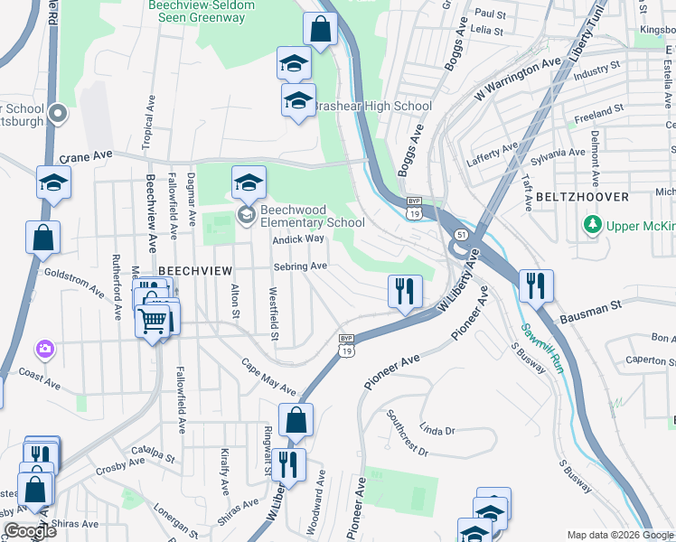 map of restaurants, bars, coffee shops, grocery stores, and more near 287 Sebring Avenue in Pittsburgh