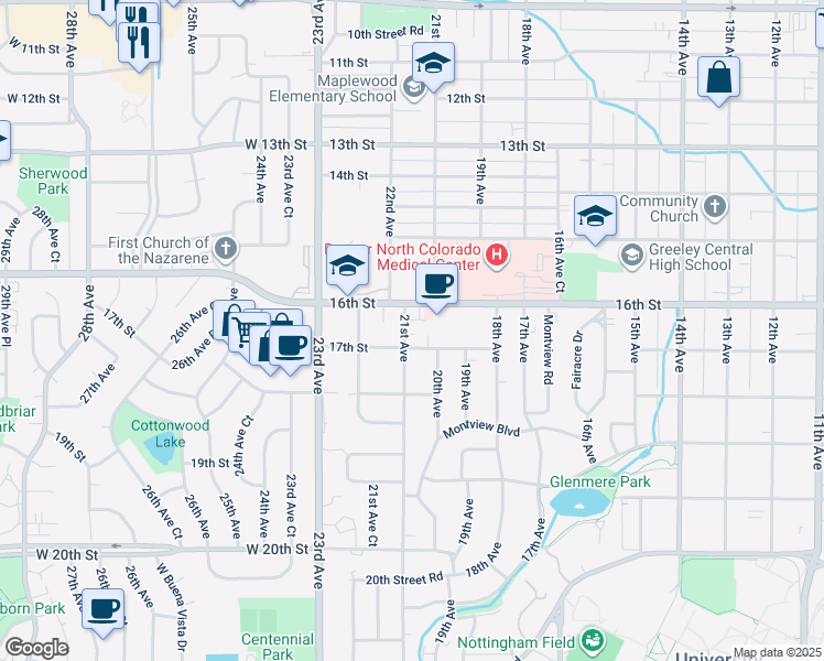 map of restaurants, bars, coffee shops, grocery stores, and more near 1620 21st Avenue in Greeley