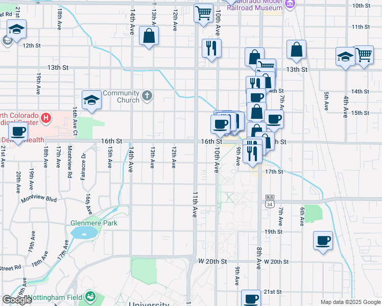 map of restaurants, bars, coffee shops, grocery stores, and more near 1617 11th Avenue in Greeley